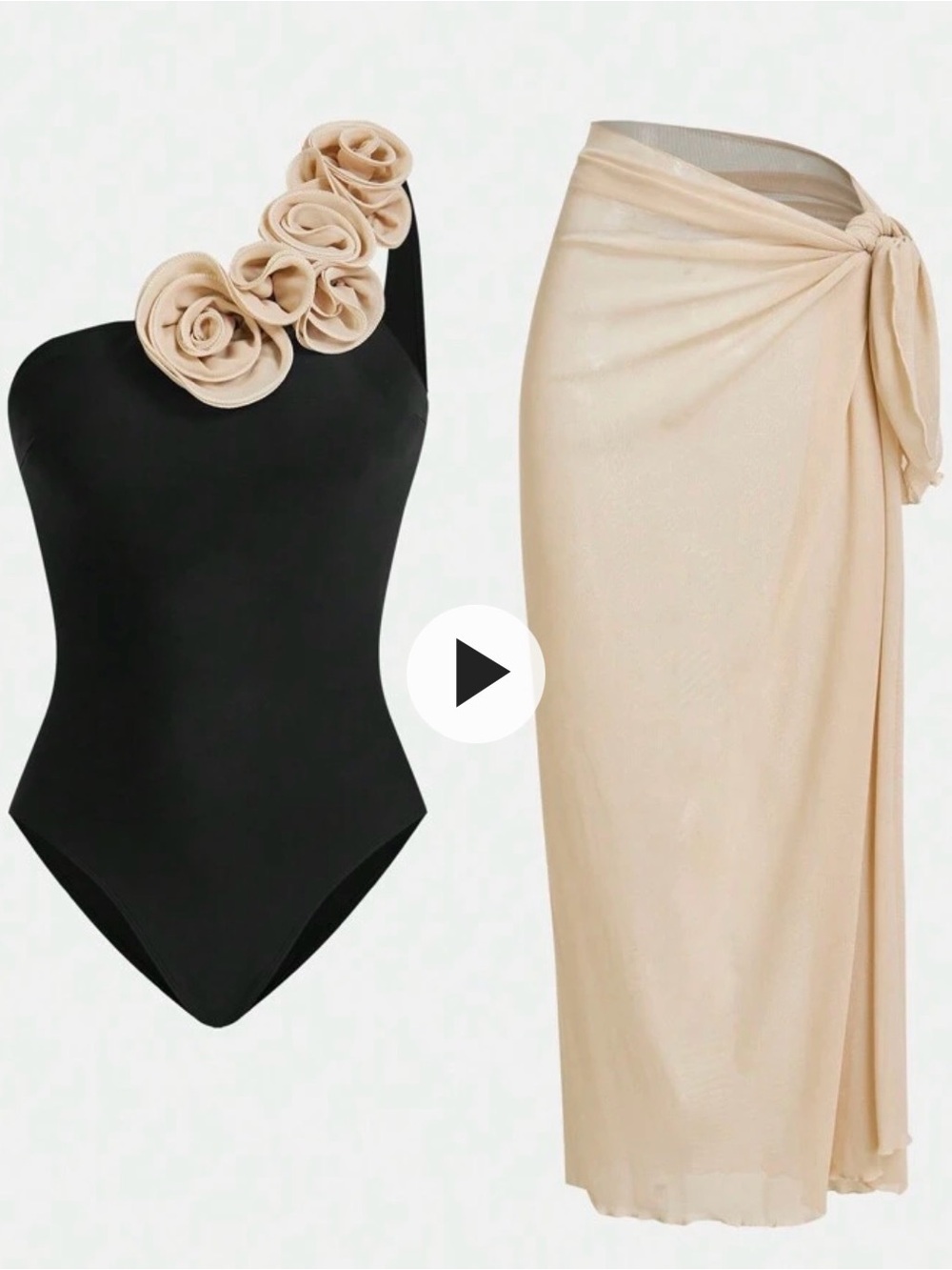 One-Shoulder Black Swimsuit with Beige Floral Trim & Beige Sarong